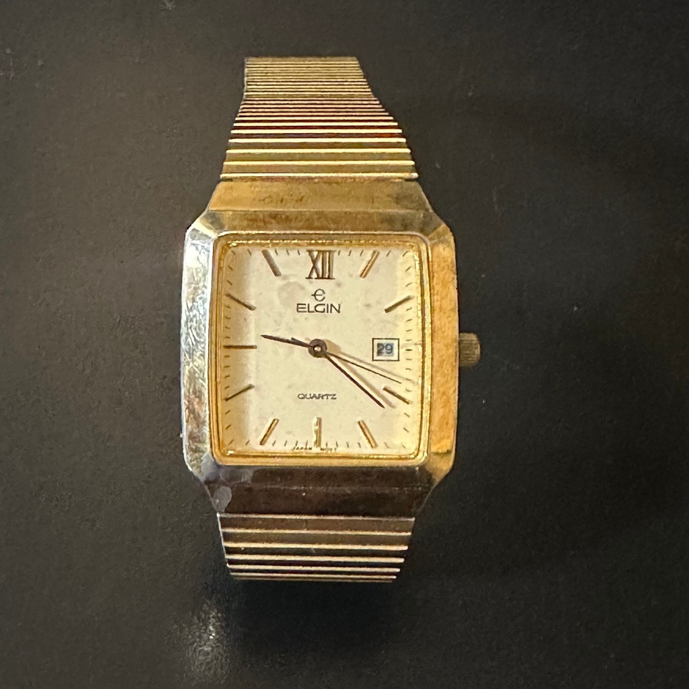 Vintage Elgin Quartz Square Gold Tone Watch with Date Window and Mesh Band